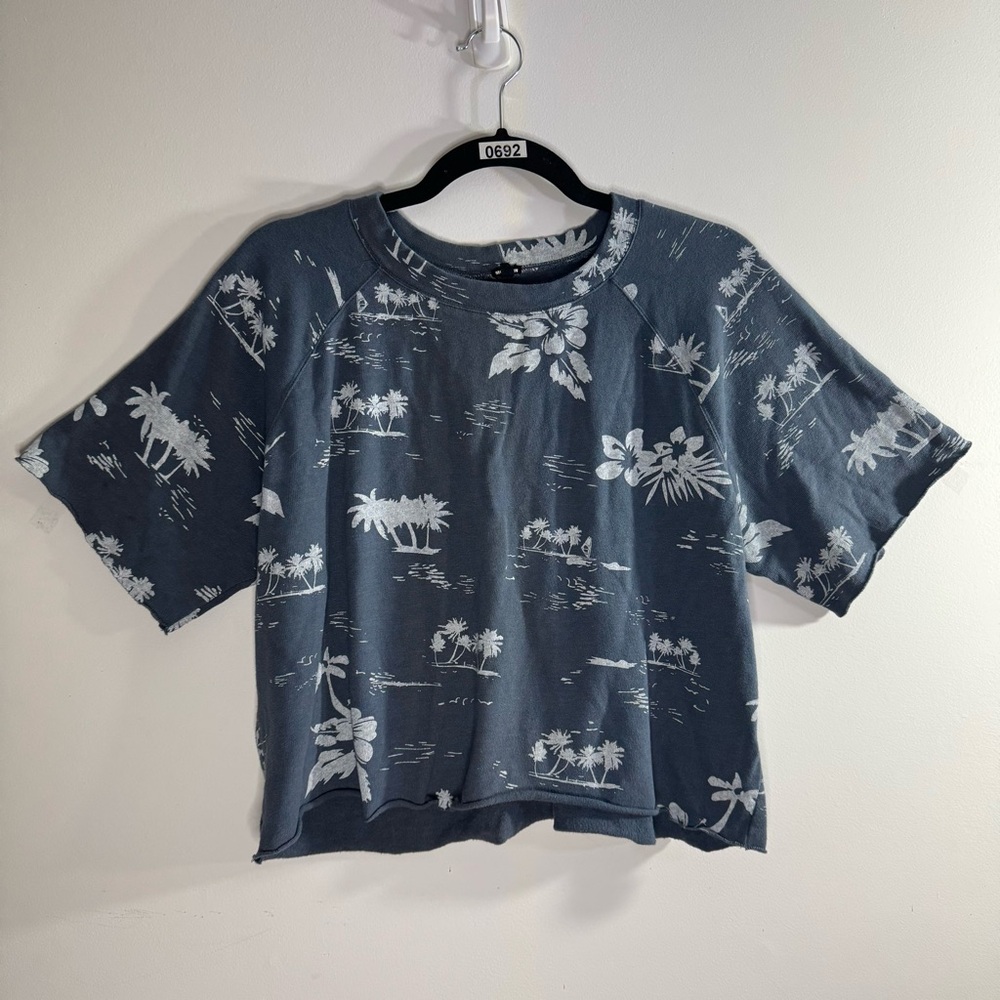 Monrow Blue Tropical Palm Tree Cropped Sweatshirt Tee Made USA Medium